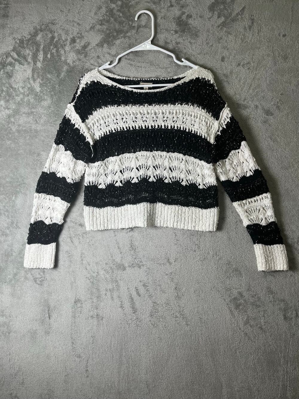 Pilcro Palmer Open Stitch Pullover Sweater Black Cream Striped XXS Anthropologie